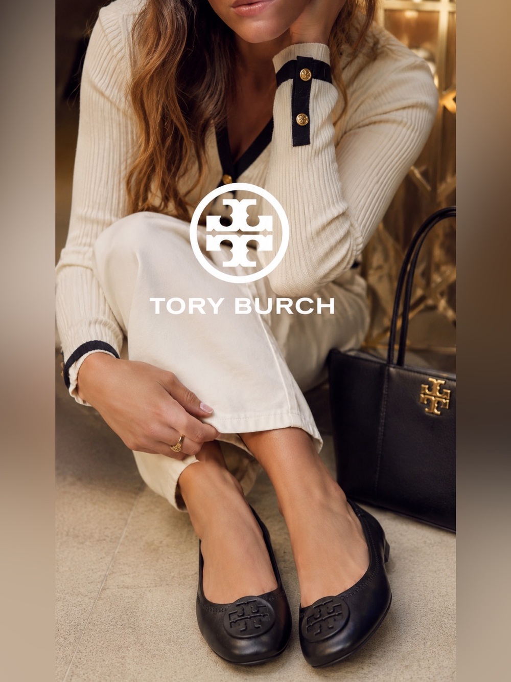 Tory Burch Black Leather Reva Ballet Flats ~ Size 10